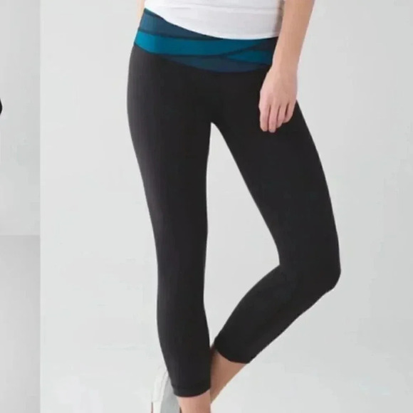 lululemon athletica Pants - Lululemon Wunder Under Crop III Leggings Size 6 Black Tofino Teal Alberta